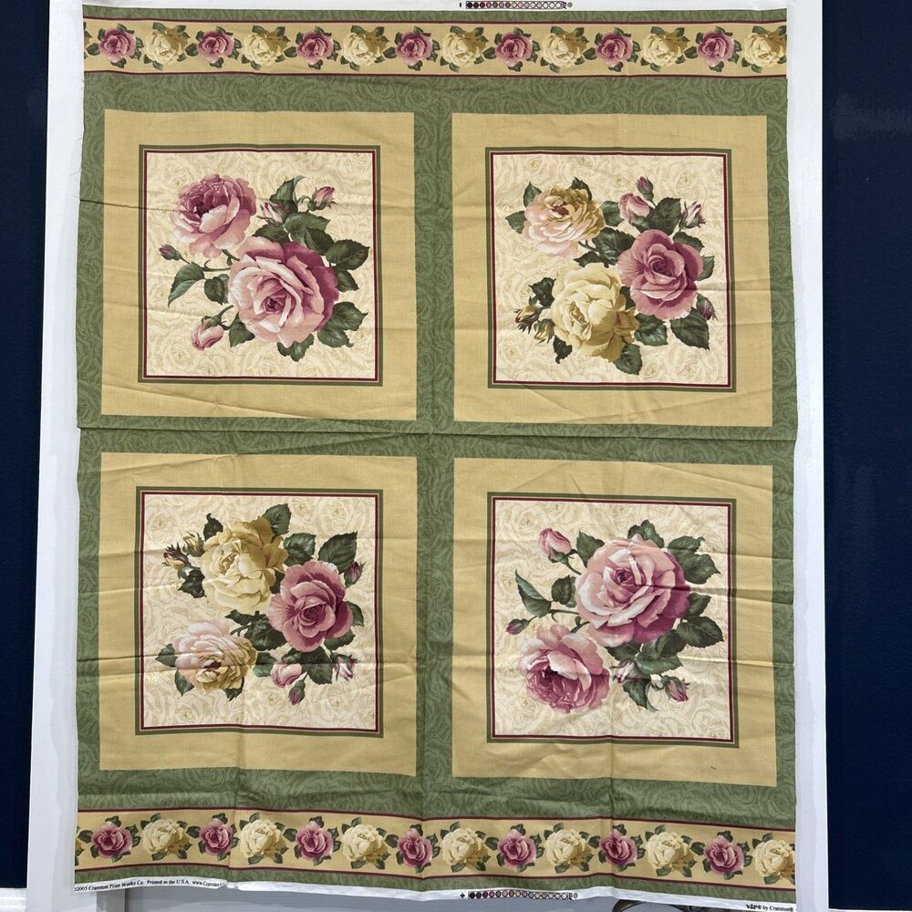 Cranston Print Works Cotton Quilt Fabric Panel Bold Florals Border 35" X 44"